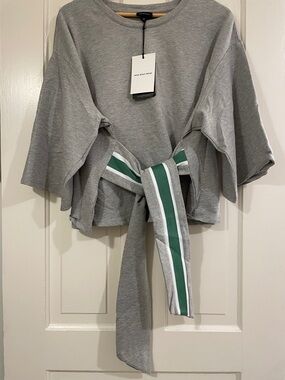 Who What Wear Light Gray Crewneck Sweatshirt with Green Stripe Tie Detail